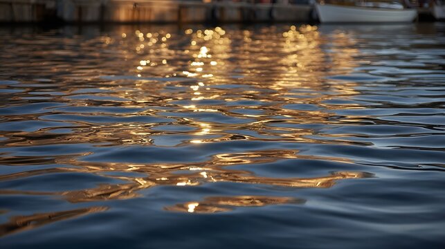 Golden sunlight reflects and shimmers on the rippling water surface of a tranquil harbor