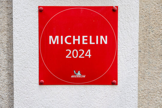 Lugo, spain; 01 25 2026 michelin guide 2024 red plaque displaying award