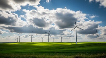 Wind farm in a green field under a blue sky with dramatic clouds, showcasing renewable energy.