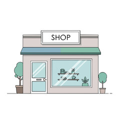 Obraz premium Cartoon Storefront with Green Awning and Plants