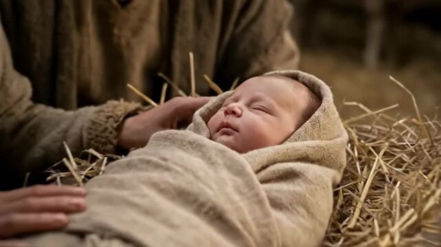 Woman and man adore baby in manger. Nativity scene with hay bedding in stable. Biblical event and Christmas concept.