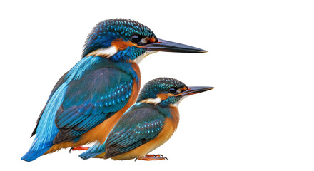 Obraz premium Common kingfisher and its fledgling are resting together on a white background in a natural pose