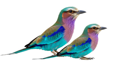 Obraz premium Rainbow colored lilac breasted roller bird with its chick stands together on a white background