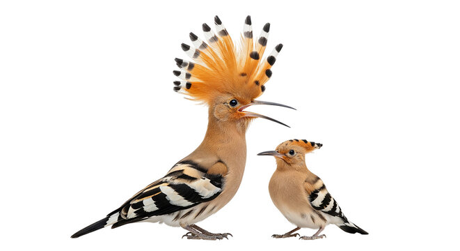 Eurasian hoopoe adult and chick stand together on a clear background as they interact in their natural behavior