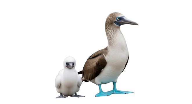 Blue footed booby standing next to its fluffy white chick on a plain background