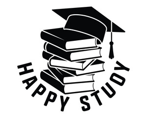 Graduation Cap And Stack Of Books With Happy Study 