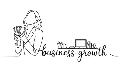 Woman holding money near desk with computer and books represents business growth