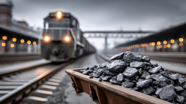 A train moves through a railway station, carrying coal in a freight car, under overcast skies