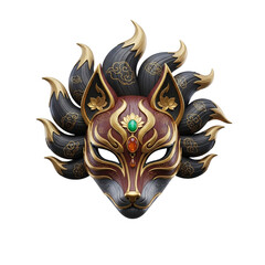 Elegant ornate fox mask with golden flame accents and emerald gemstone eye, fantasy costume accessory, detailed 3D render