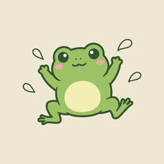 Obraz premium Adorable Green Frog Character Jumping with Water Drops and Pink Cheeks, Cute Cartoon Amphibian Vector Illustration Isolated on Beige Background