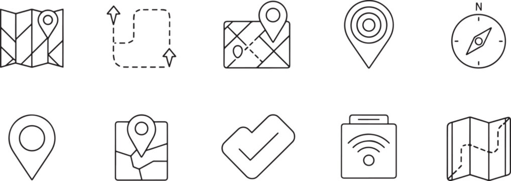 Navigation and location icons for travel and mapping tools
