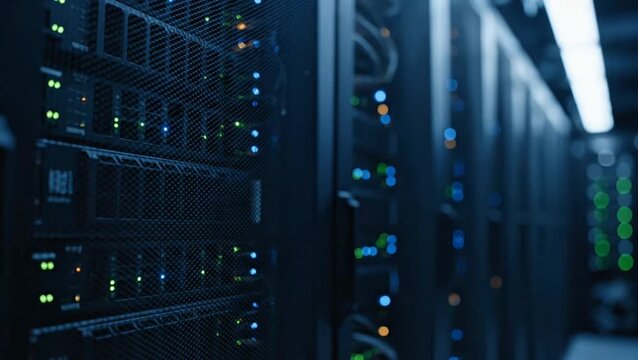 Rows of dark server racks with glowing lights and cables in a dimly lit data center environment viewed from a close-up perspective