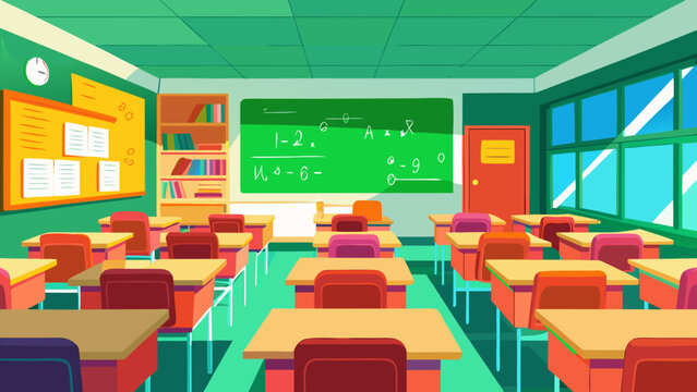 Illustration of a classroom with desks and board