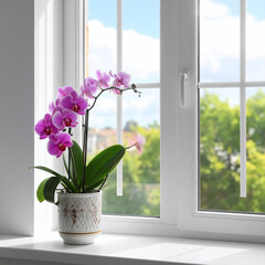 Blooming Orchid on Sunny Windowsill
