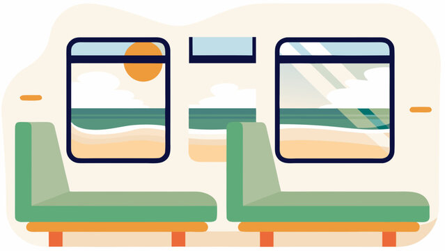 Interior train seats with beach view from window