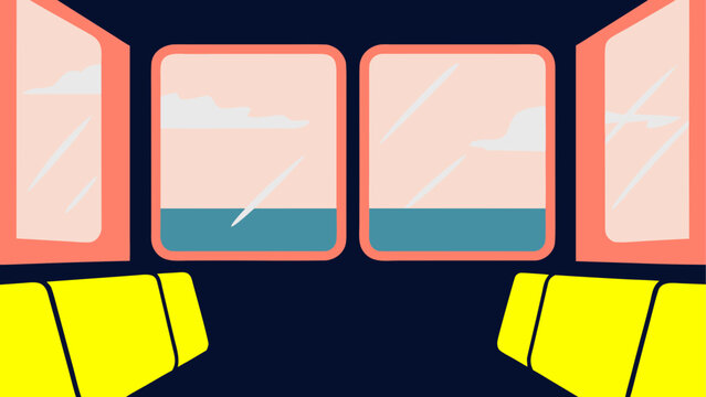 Interior view of a train car with window scenery