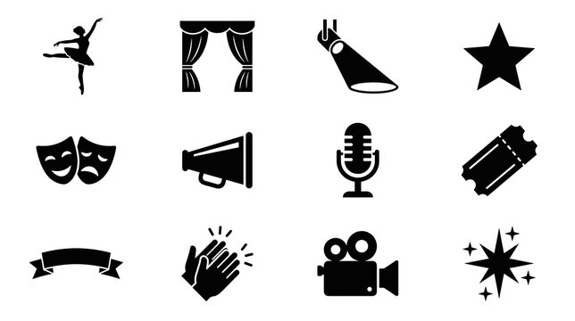 A collection of black silhouette icons representing theater cinema and performing arts featuring a dancer stage curtains spotlight masks microphone ticket and movie camera