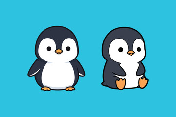 Fototapeta premium Two cartoon penguins standing and sitting on blue background.