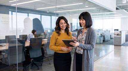 Two diverse female colleagues smiling and collaborating with a tablet in a modern, open-plan corporate office.