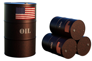 Oil barrels with the US flag on white background. 3D Render