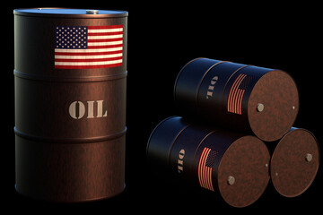 Oil barrels with the US flag on black background. 3D Render