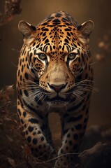 Obraz premium Majestic jaguar portrait showing muscular big cat with spotted fur in warm nature light