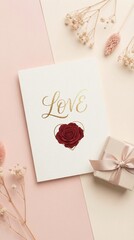 Romantic Rose Illustration with Love Typography on Soft Pink Background