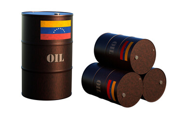 Oil barrels with the Venezuela flag on transparent background. 3D Render
