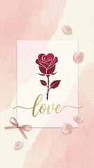 Romantic Rose Illustration with Love Typography on Soft Pink Background