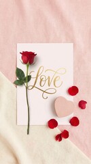 Romantic Rose Illustration with Love Typography on Soft Pink Background