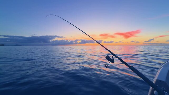 Offshore bottom fishing at sunset from boat with rod over calm sea