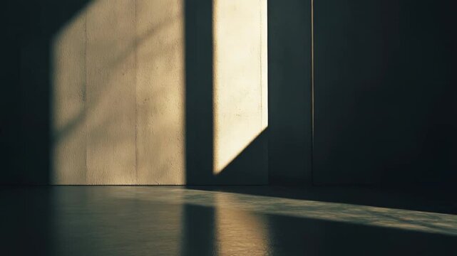 Sunlight streaming through an opening casts a bright rectangular patch on textured concrete and its reflection on the polished floor, creating stark contrast and quiet geometry