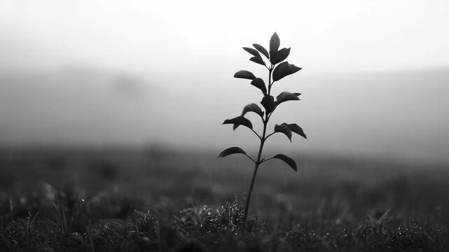 Young sapling pushing through damp grass, symbolizing new beginnings, hope, and resilience, captured in a solitary black and white landscape with soft light