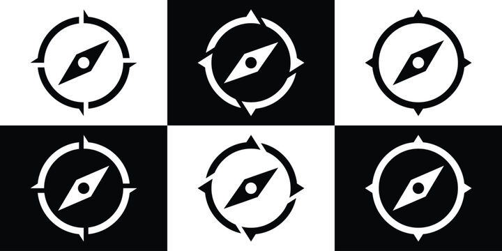 Compass icons on black and white backgrounds navigation concept.