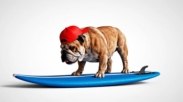 Seamlessly looping motion graphic of a funny English bulldog balancing perfectly on a shortboard while wearing a generic baseball hat against a stark white backdrop sport, background, adorable