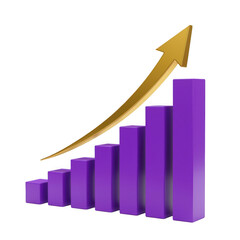 Purple bar chart with upward yellow arrow on black background isolated on a transparent background