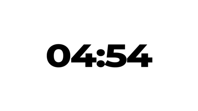 4K countdown animation, 5 minutes displays a timer counting down minutes and seconds on white background.