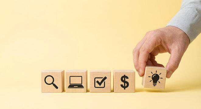 Hand picking wooden block with lightbulb icon representing creative idea generation business strategy planning financial success and innovative technology solutions for startups