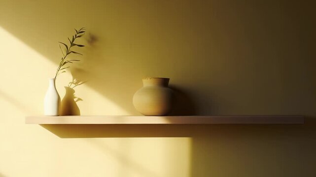 Minimalist interior setup presenting a white vase with fresh green plant and a ceramic pot on a wooden shelf, creating soft shadow patterns on a warm yellow wall