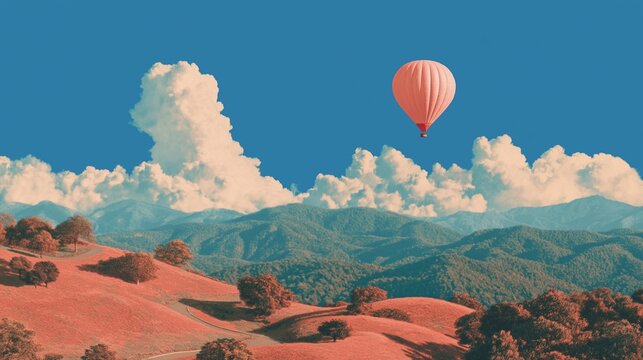 Montgolfi&egrave;re rose flottant au-dessus de collines ocre et montagnes bleut&eacute;es sous un ciel nuageux