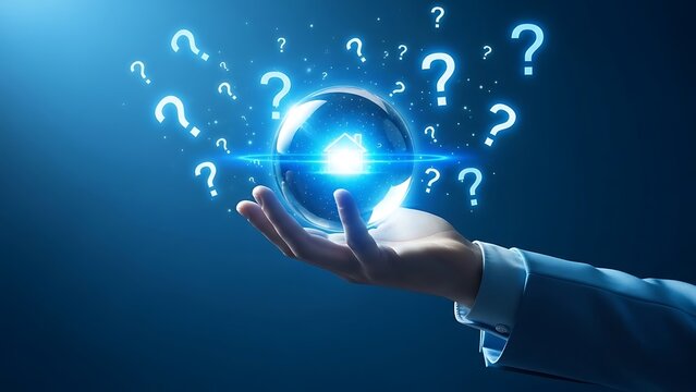 A hand holding a glowing crystal ball with question marks surrounding it in a dark blue background influencers content Creator concept