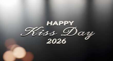 Happy kiss day 2026 silver lettering on dark background with bokeh lights