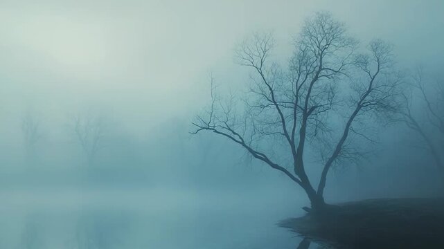 Bare tree with leafless branches creating a haunting silhouette, reflecting in the serene water of a foggy lake, conveying a tranquil and mysterious natural scene