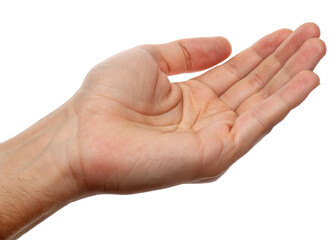 Open cupped hand, gesture for giving, receiving, or begging isolated on a transparent background.