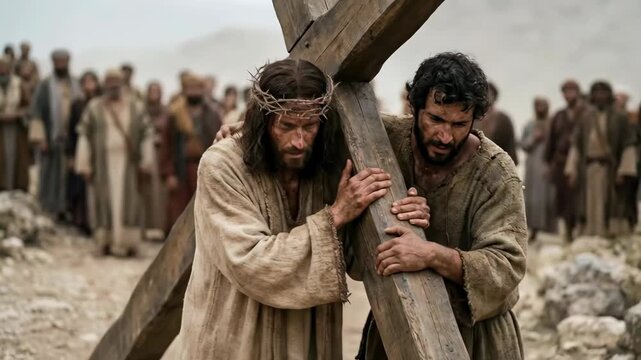 Jesus and Simona of Cyrene carry the cross in a biblical scene depicting the Passion of Christ and his journey to Golgotha