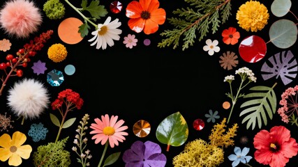 Colorful array of diverse flowers and decorative elements on black background with oval copy space for text in the center  