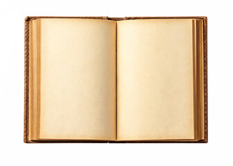 Fototapeta premium Open vintage book with blank yellowed or brown pages isolated on a transparent background.