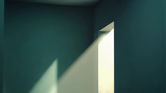 Light beam piercing a minimalist empty room, casting stark shadows across concrete floor and wall symbolic opening suggesting hope, opportunity, discovery and new direction