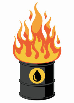 Black oil barrel with yellow drop symbol engulfed in bright orange and yellow flames fire burning