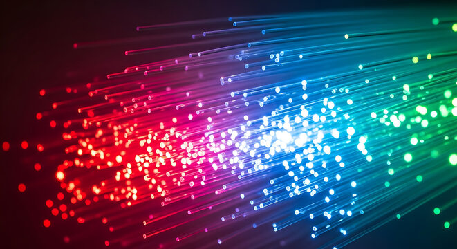 3D image Fiber Optic Cables: Vibrant Light Transmission Technology for High-Speed Data, Internet, and Telecommunication Networks.
